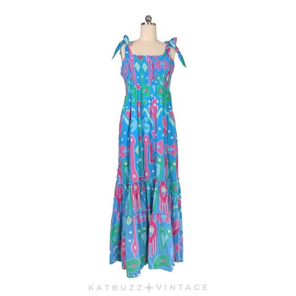 Crown Ivy Maxi Dress XL Blue Pink Ikat Smocked Tie Tiered Swiss Dot Beach Preppy - Picture 1 of 14